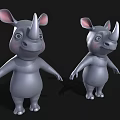 Cute Gray Cartoon Rhinoceros Characters With Pink Ears Standing On Black Background