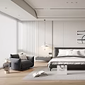 Modern Bedroom Interior Design Featuring Bed Artwork Wardrobe And Window Elements 3d model