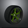 Modern Car Tire Featuring Green Wheel Rim Tread Pattern And Metallic Finish