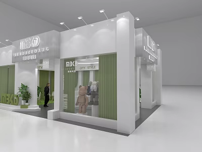 Modern White Exhibition Booth Interior With INEX Logo Green Curtains And Models 3d model