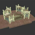 Ornate Metal Frame Beds with Carved Details Mattresses and Sheets on Brown Platform