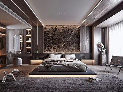 Modern Bedroom Interior With Textured Accent Wall King Bed Ambient Lighting And Soft Carpet 3d model