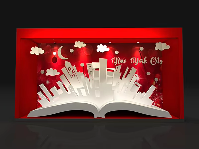 Red Window Display Featuring Open Book Design With New York City Skyline Clouds And Moon 3d model