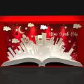 Red Window Display Featuring Open Book Design With New York City Skyline Clouds And Moon 3d model