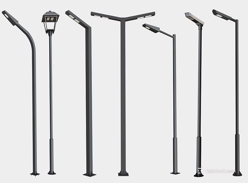 Various Black Outdoor Lights Featuring Different Street And Garden Lamp Designs 3d model 