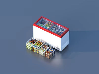 Red And White Freezer With Transparent Lid And Baskets Of Fruits Vegetables Beside 3d model