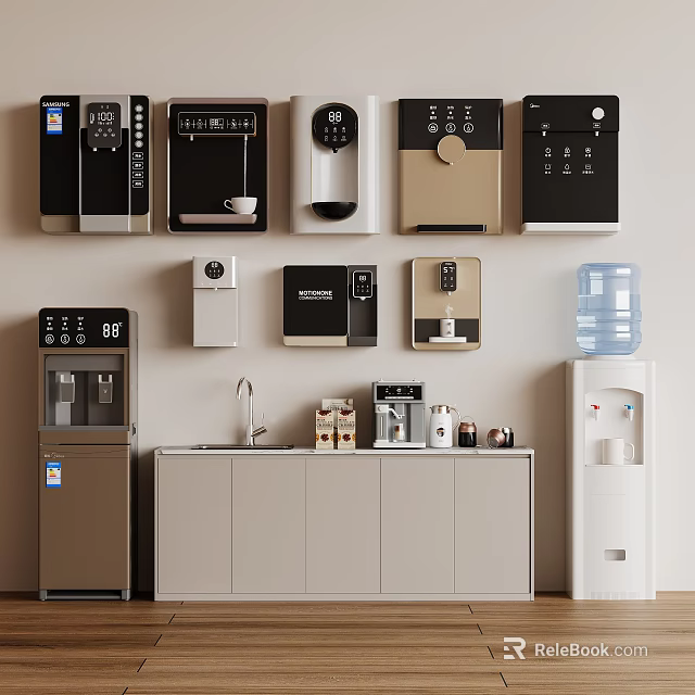 Assorted Daily Use Appliances Featuring Coffee Machines Water Dispensers Refrigerator In Kitchen 3d model 