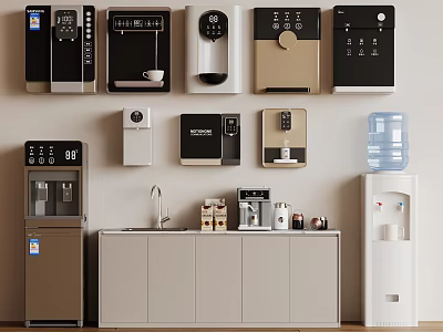 Assorted Daily Use Appliances Featuring Coffee Machines Water Dispensers Refrigerator In Kitchen 3d model
