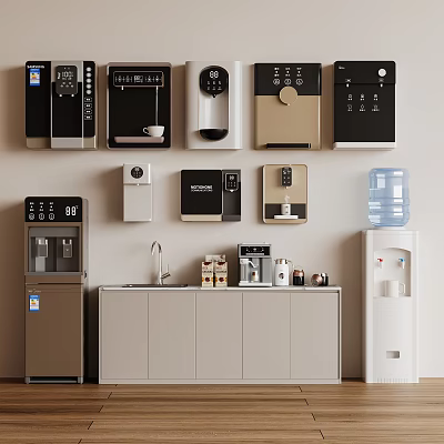 Assorted Daily Use Appliances Featuring Coffee Machines Water Dispensers Refrigerator In Kitchen 3d model