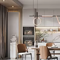 Modern Elegant Restaurant Interior With Dining Table Leather Chairs Pendant Lights And Marble Countertop
