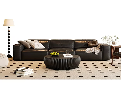Black Leather Sofa With Round Coffee Table And Decorative Pillows In Modern Living Room 3d model