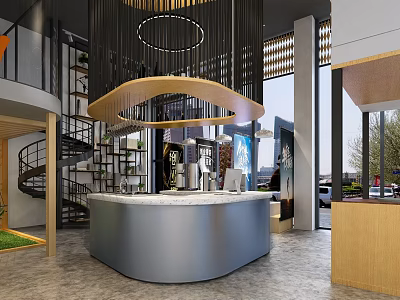 Modern Café Interior With Spiral Staircase Round Marble Counter Hanging Lights Floor To Ceiling Windows 3d model