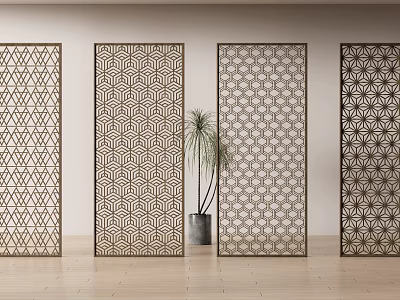 Modern Decorative Room Dividers With Geometric Patterns And Potted Plant On Wooden Floor 3d model