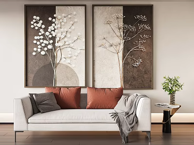 Modern Elegant Living Room With White Sofa Decorative Paintings Pillows And Green Plant 3d model