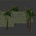 Ancient Green Moss Covered Courtyard With Stone Walls Palm Trees And Steps