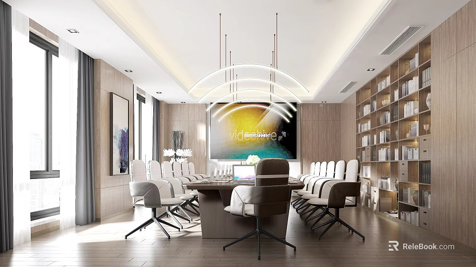 Modern Conference Room Interior With Long Table White Chairs Large Screen And Bookshelves 3d model 
