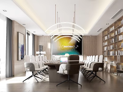 Modern Conference Room Interior With Long Table White Chairs Large Screen And Bookshelves 3d model