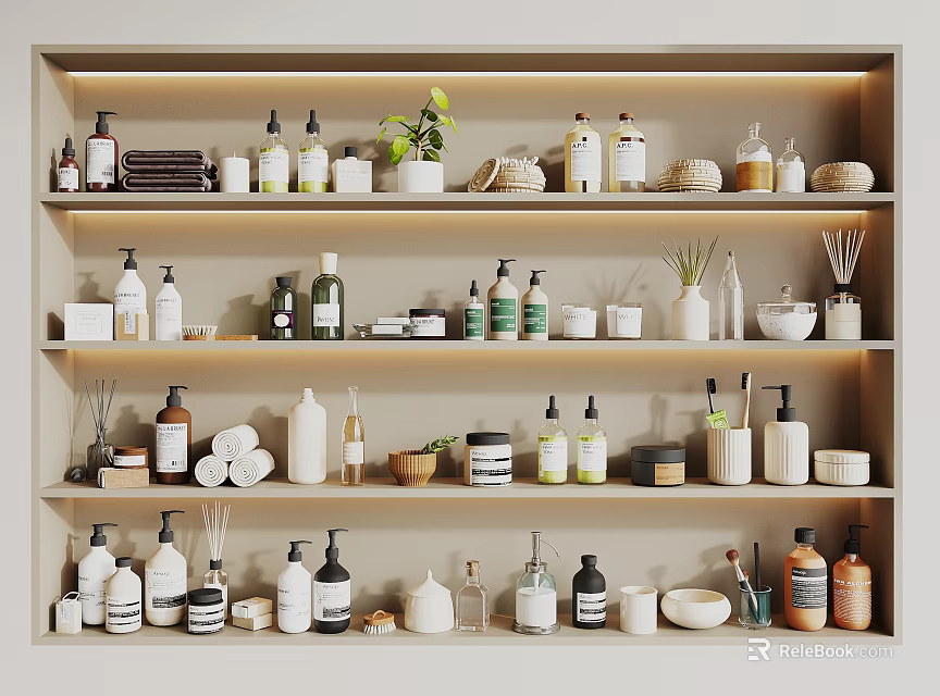 Dishwashing And Daily Use Products On Well Organized Shelf With Containers And Plants 3d model 