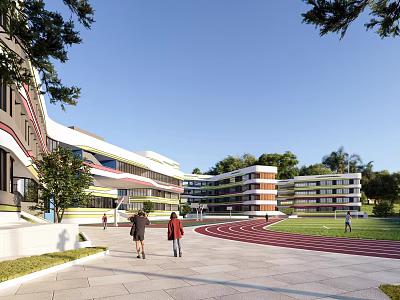 Modern School Building With Track Field Greenery And Students Walking In Campus 3d model