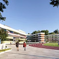 Modern School Building With Track Field Greenery And Students Walking In Campus
