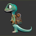 Cute Teal Lizard With Blue Spots Wearing Backpack And Straps In Standing 3D Cartoon Model