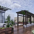 Rooftop Garden Design With Wooden Pergola Climbing Plants Planters And Sea View Terrace Area