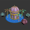 Decorative Dome Structure With Palm Trees And Colorful Spherical Ornaments On Blue Base
