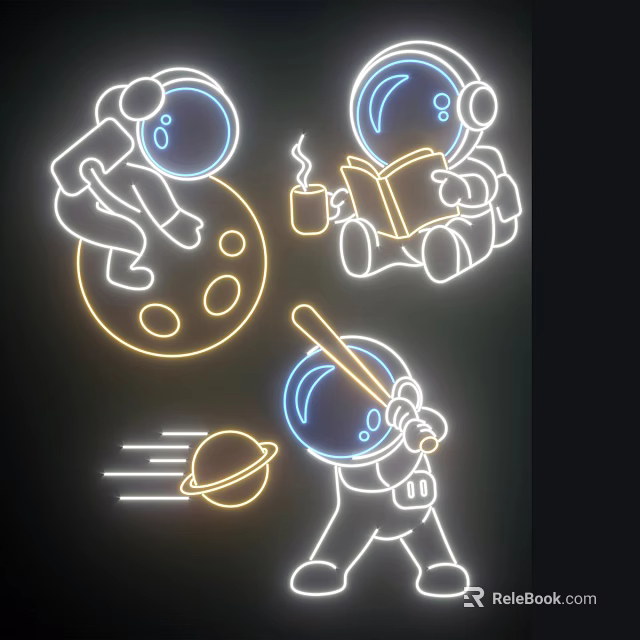 Neon Decorative Lights With Astronaut Moon Reading Coffee Baseball And Planet Designs 3d model 