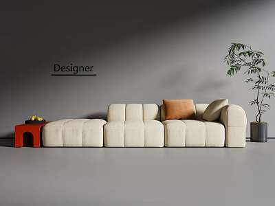 Beige Fabric Three Seater Sofa With Orange Grey Pillows Red Side Table And Green Plant 3d model