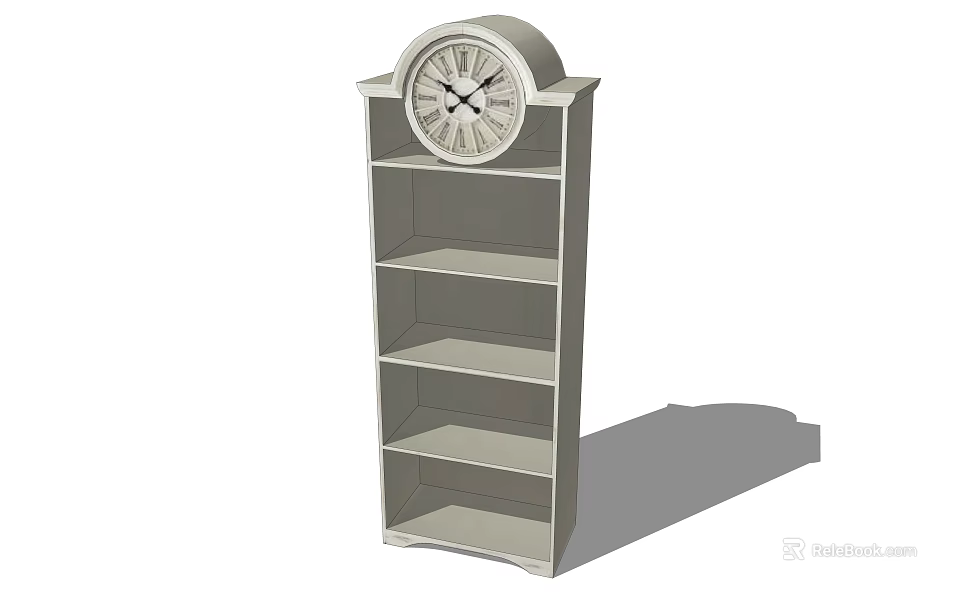 Tall White Bookcase With Multiple Shelves And Clock On Top Design 3d model 