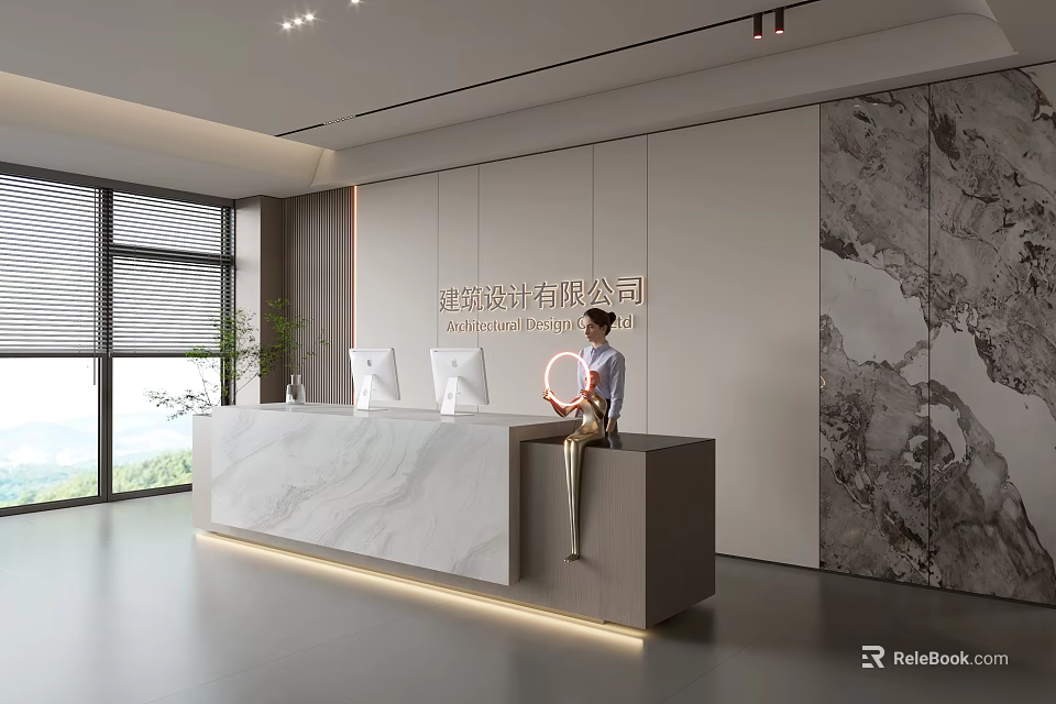 Modern Office Reception Desk With Marble Surface And Natural Light Backdrop Wall 3d model