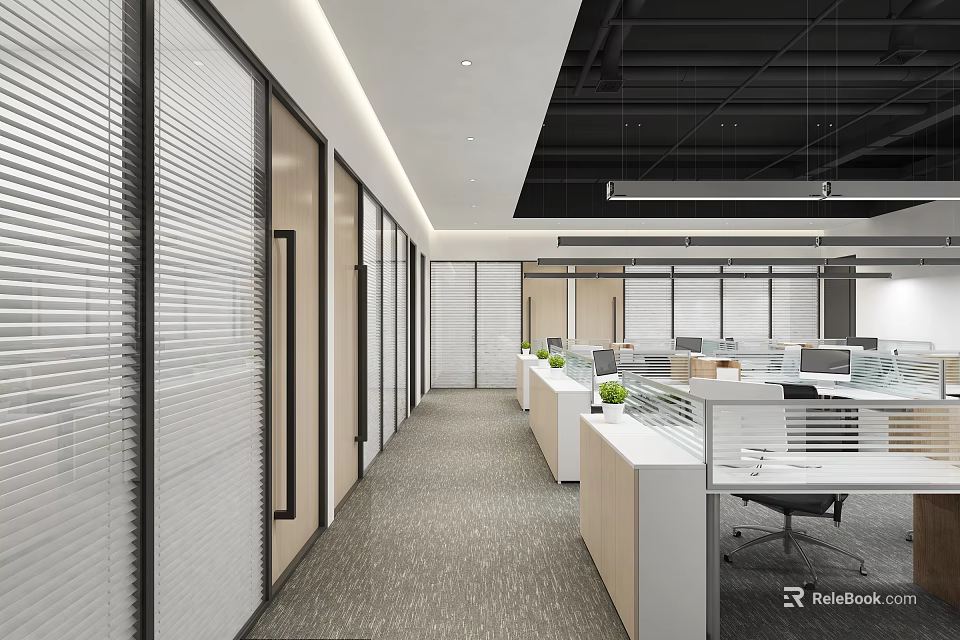 Modern Public Office Space With Open Layout Glass Partitions Workstations Green Plants And Pendant Lights 3d model 