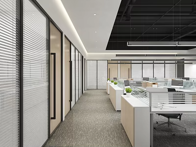 Modern Public Office Space With Open Layout Glass Partitions Workstations Green Plants And Pendant Lights 3d model
