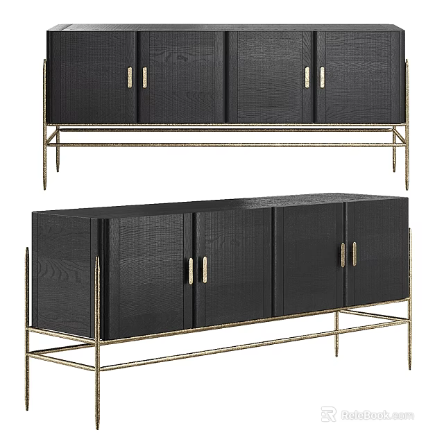 Sleek Modern Black Dresser With Gold Metal Legs And Cabinet Doors 3d model 