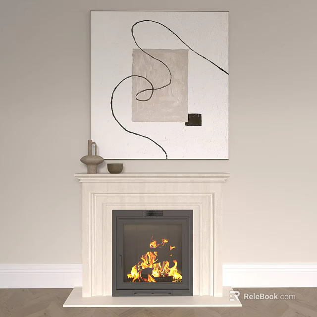 Light Colored Stone Fireplace With Decor And Abstract Art 3d model