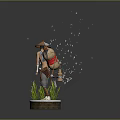 Traditional Asian Themed Sculpture Carving With Straw Hat Backpack Pedestal Grass And Sparkles Background 3d model