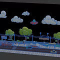 Cartoon Scene Construction With Blue Sky White Clouds UFO Green Grass Trees Road And Vehicles