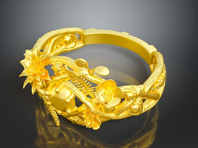 Elegant Gold Bracelet With Intricate Floral Carvings And Decorative Patterns 3d model