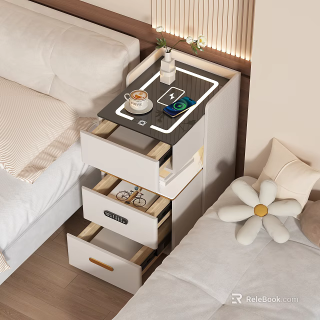 Modern Bedside Table With Open Drawers Coffee Cup Phone And Plant On Tray 3d model 
