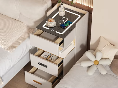 Modern Bedside Table With Open Drawers Coffee Cup Phone And Plant On Tray 3d model