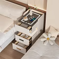 Modern Bedside Table With Open Drawers Coffee Cup Phone And Plant On Tray