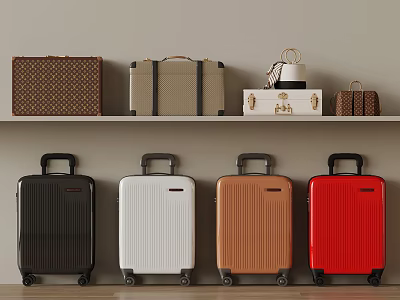 Stylish Luggage and Bags on Shelf with Black White Brown Red Hardcases and Wheels 3d model