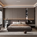 Modern Minimalist Bedroom Interior With Gray Headboard Nightstands Recessed Lighting Area Rug And Wardrobe