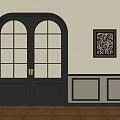 Interior With Black Arched Double Doors Glass Panes Decorative Painting Wainscoting And Parquet Flooring