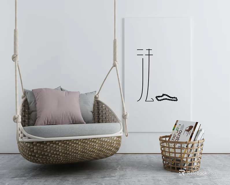 Rattan Hanging Chair With Soft Cushions Indoor Living Space Magazine Basket 3d model 