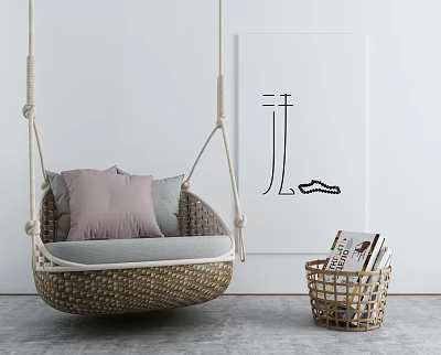 Rattan Hanging Chair With Soft Cushions Indoor Living Space Magazine Basket 3d model
