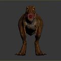 Realistic Tyrannosaurus Rex Dinosaur Model With Brown Skin Open Mouth Yellow Eyes And Gray Background