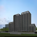 Modern High Rise Office Building With Glass Curtain Walls Surrounded By Trees And Parking Area