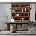 Modern Study Room Interior With Bookshelves Desk Marble Countertop And Hanging Lights