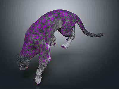 Stylish Purple Patterned Leopard In Dynamic Jumping Pose Against Dark Background 3d model